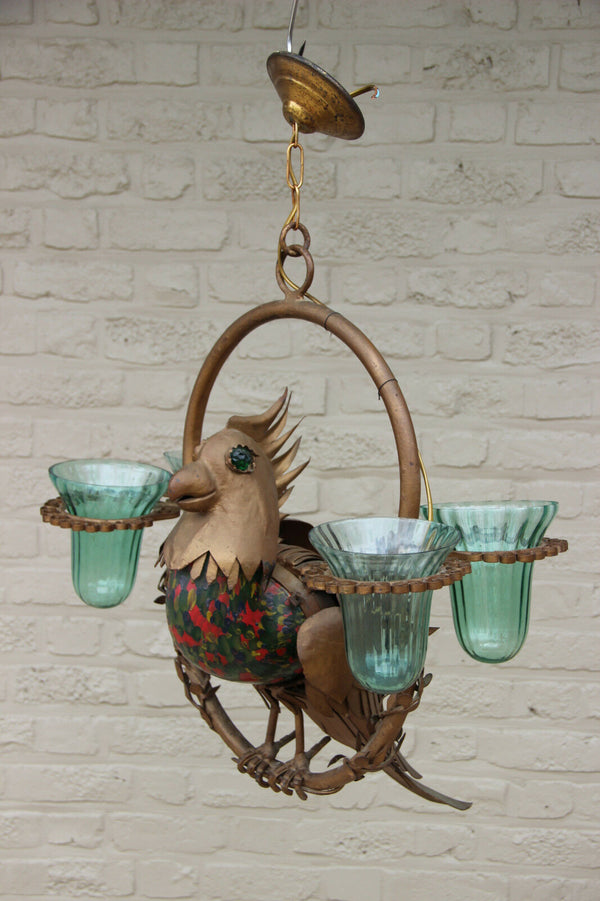 Unusual Rare Copper Parrot Bird glass figurine chandelier lamp French 1950's
