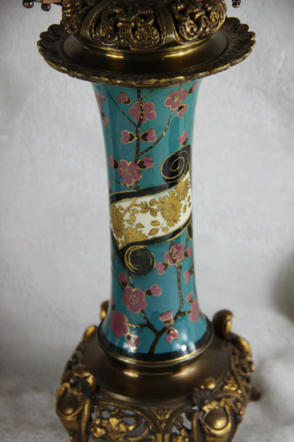 Pair french antique faience candelabras candle holders