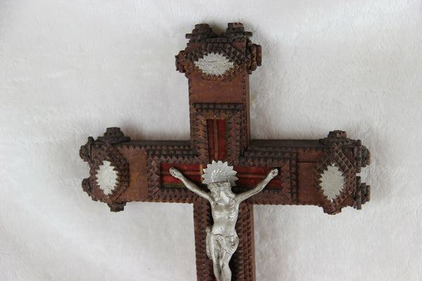 Huge French antique tramp art cigar box wood crucifix cross religious