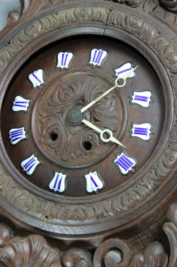 Antique German Black forest wood carved dragon satyr head clock Gothic castle