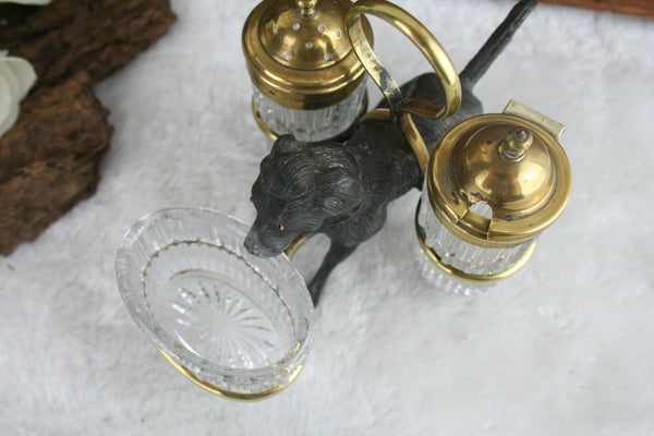 Unusual Antique French Spelter dog salt pepper shaker mustard set rare 1920