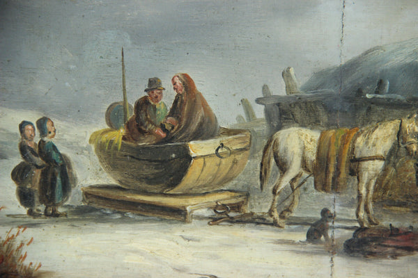 Antique 19thc Holland oil panel painting winter scene horse dog sled