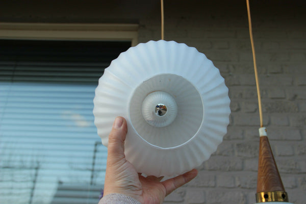 PAIR Retro 1970 Scandinavian teak milk glass shades pendant lamp chandelier