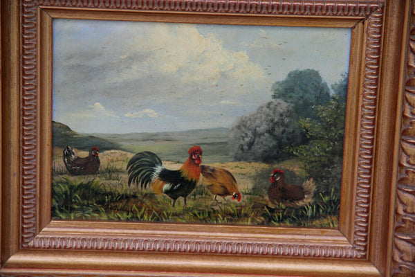 PAIR Flemish oil panel painting chicken rooster animal scene signed