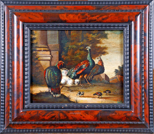 ALBERTUS VERHOESEN Dutch listed artist oil copper peacock chicken painting