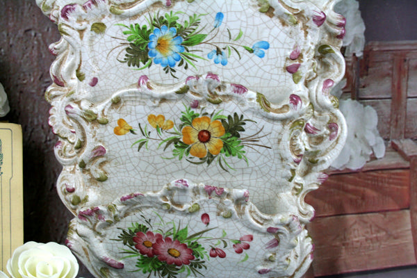 French vintage Majolica Biscuit Craquele Wall Antique Letter holder Flowers