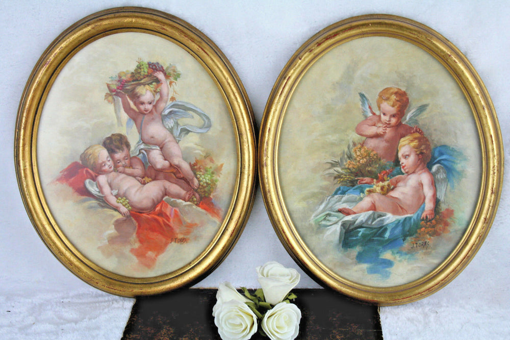 PAIR Flemish 1960 Oil panel Pendant painting signed putti cherubs romance
