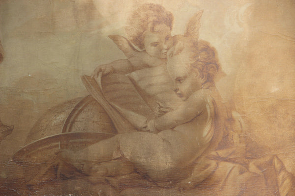 Antique 1800 Supraporta Grisaille oil canvas painting  putti allegory science