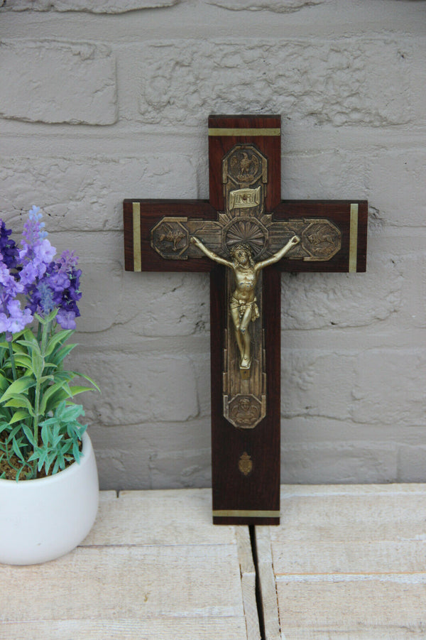 Antique french religious art deco period 1930  wood carved cruxifix 4 evangelist