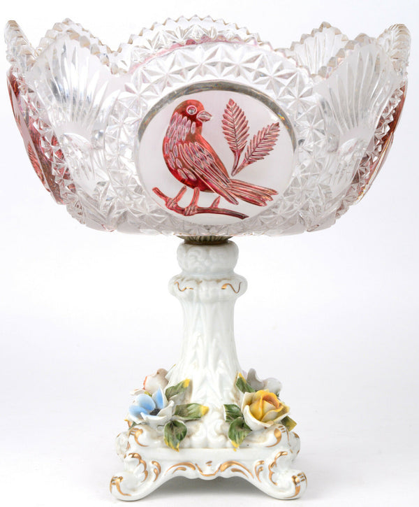 Bohemian Crystal art glass birds centerpiece coupe bowl capodimonte porcelain