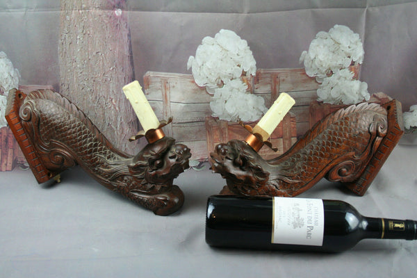 Exclusive XL Pair Chinese Foo Dogs sconces wood carved lamps 19th c dragons