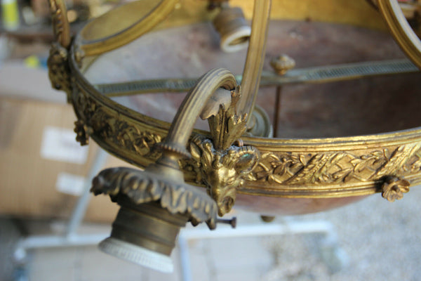 Antique French Amber alabaster marble Ram head Bronze chandelier 5 arms