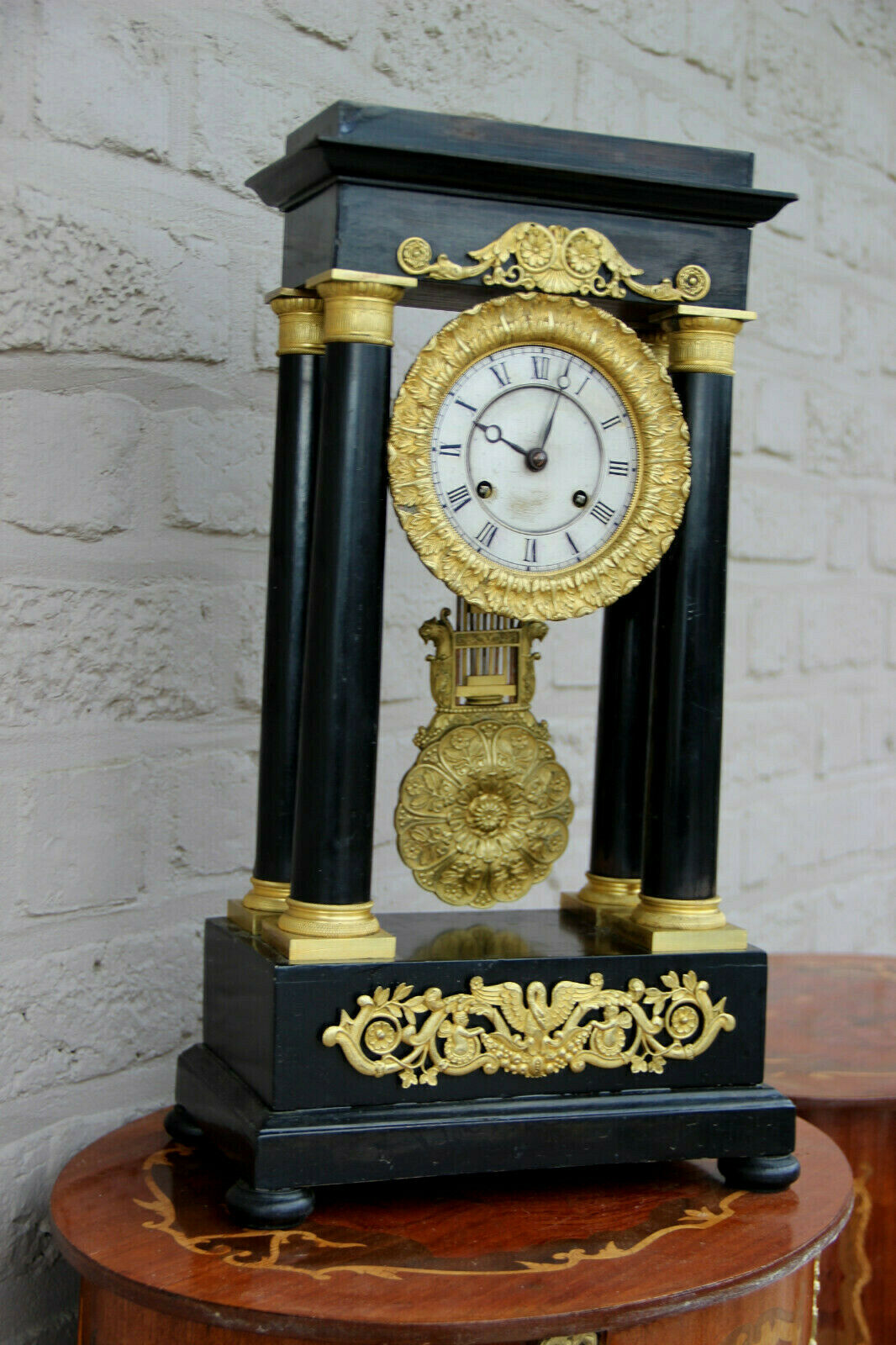 Antique Napoleon III portico column clock dragons pendulum rare 1880s