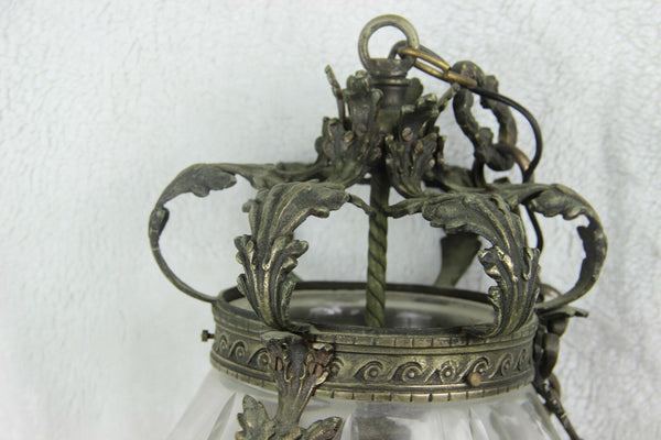 Antique Belgian Bronze Val saint lambert crystal glass chandelier lantern ram