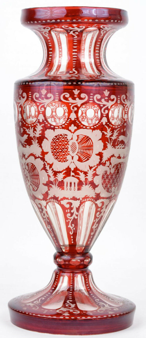 Huge Bohemian Czech crystall art glass etched Hunting dog deer ruby red vase
