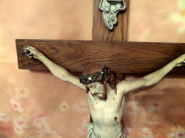19thc FRENCH Rare Crucifix polychrome french stone biscuit christ wood cross 25