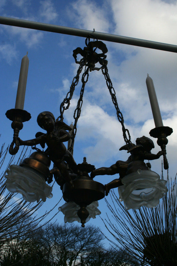 French 1950 spelter brass Angels putti cherubs chandelier candleholder 3 arms