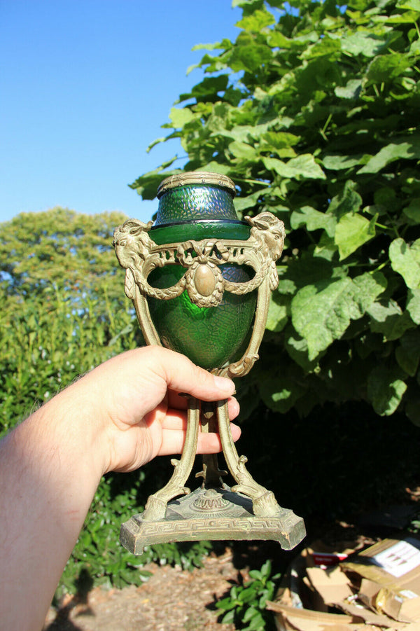 PAIR antique French Vases urns LOETZ green opalescent glass ram heads