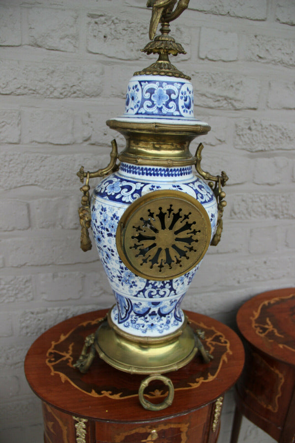 Huge Delft blue white pottery bird clock ram heads bronze ornaments rare