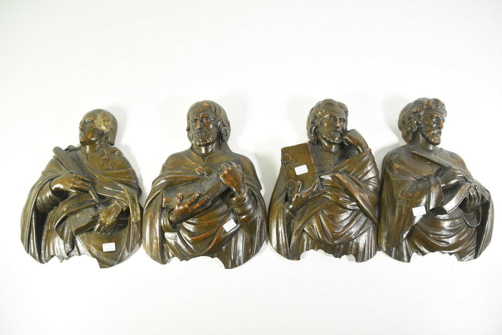 Rare set 4 Antique 1880 Wood carved portrait bust Evangelists Saints Religious
