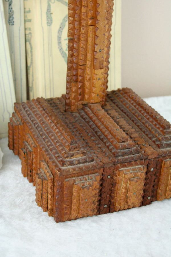 French antique crucifix wood tramp art 1945 hand made cross christ religious