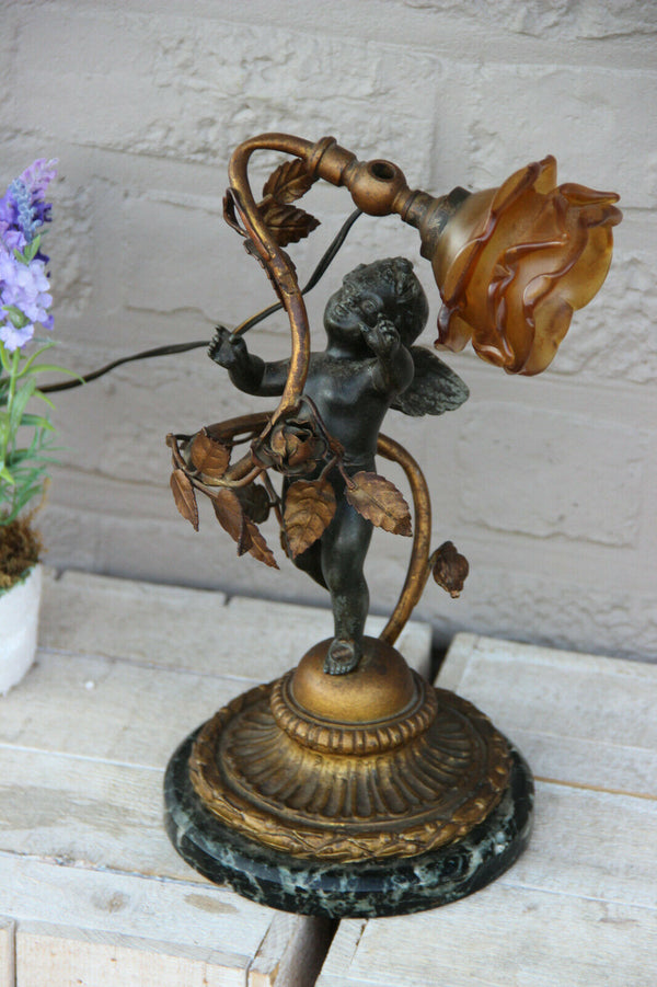 Antique French spelter marble base amber tulip shade angel putti lamp