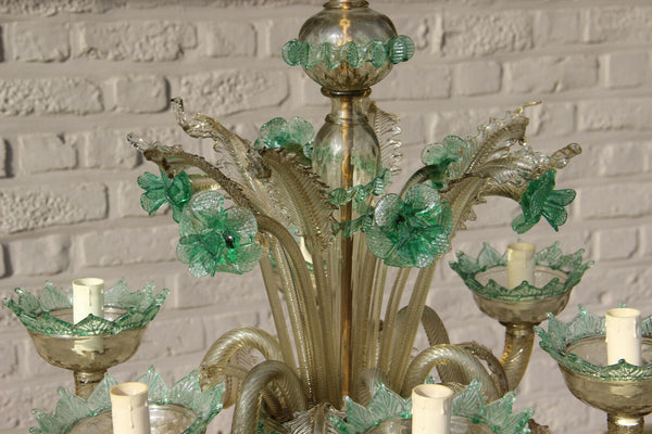 Rare murano green amber colour 6 arms hand blown glass chandelier 1970 Italy