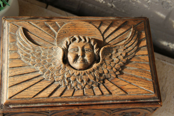Antique religious church wood carved neo gothic religious putti angel  Box