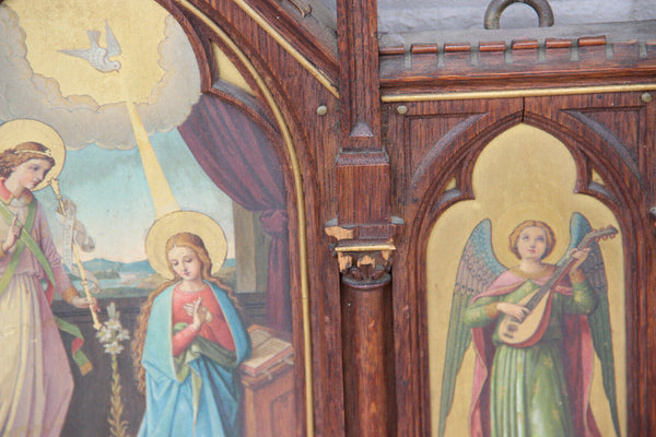 Antique Neo gothic religious Tryptique oil panel angel Gabriel mary Annunciation