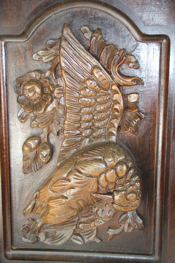 PAIR antique Black Forest wood carved hunting cabinet door panels bird no1