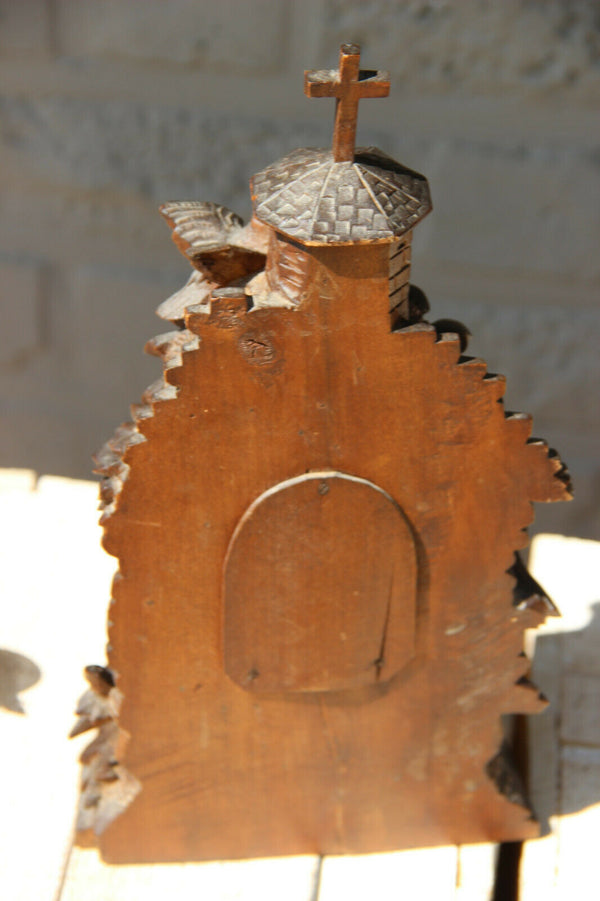 Rare BLACK FOREST wood carved Holy water font well Chapel porcelain plaque