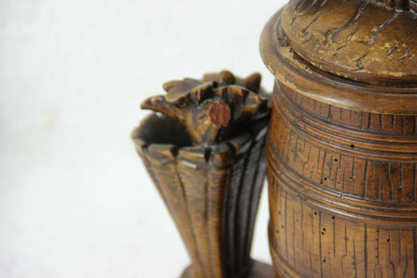 Antique 19thc Black forest wood carved tobacco smoking set chicken figurine