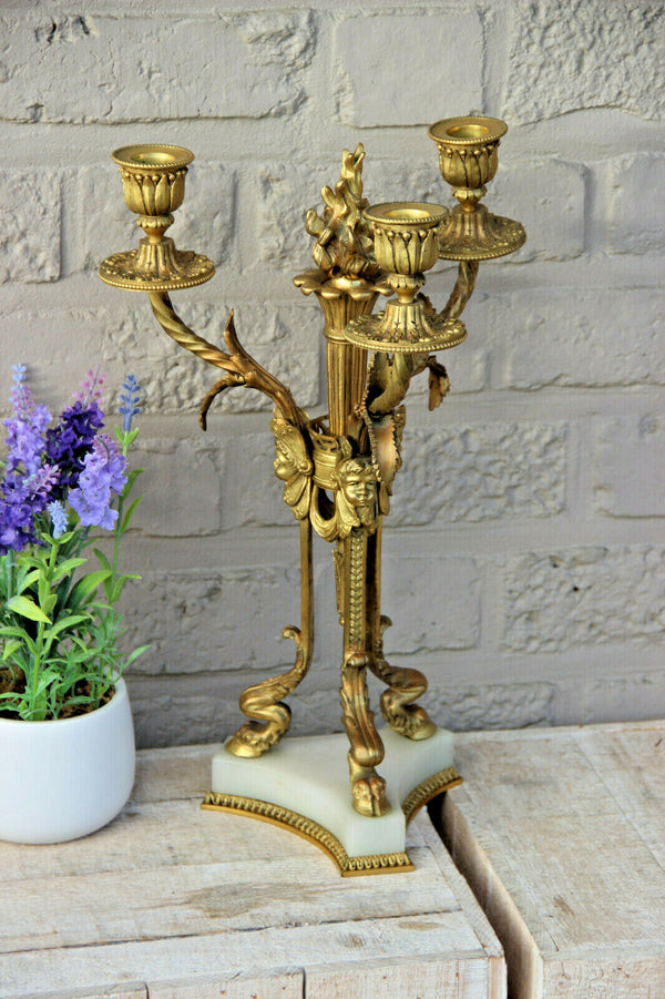 Antique Empire French bronze onyx marble Ram paws putti angels candle holder