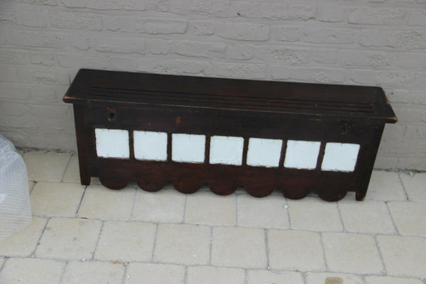 Huge Antique oak wood carved wall coat rack delft pottery tiles 1920s