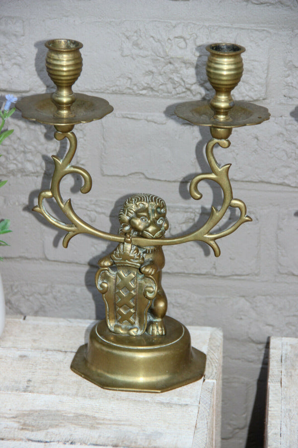 20th century Brass Candelabras  with Lion and Coat of Arms of Amsterdam