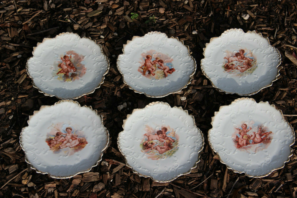 Set 6 Antique porcelain putti angels Scene plates