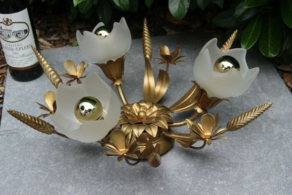 Hollywood regency mid century metal gold gilt chandelier flush mount attr jansen