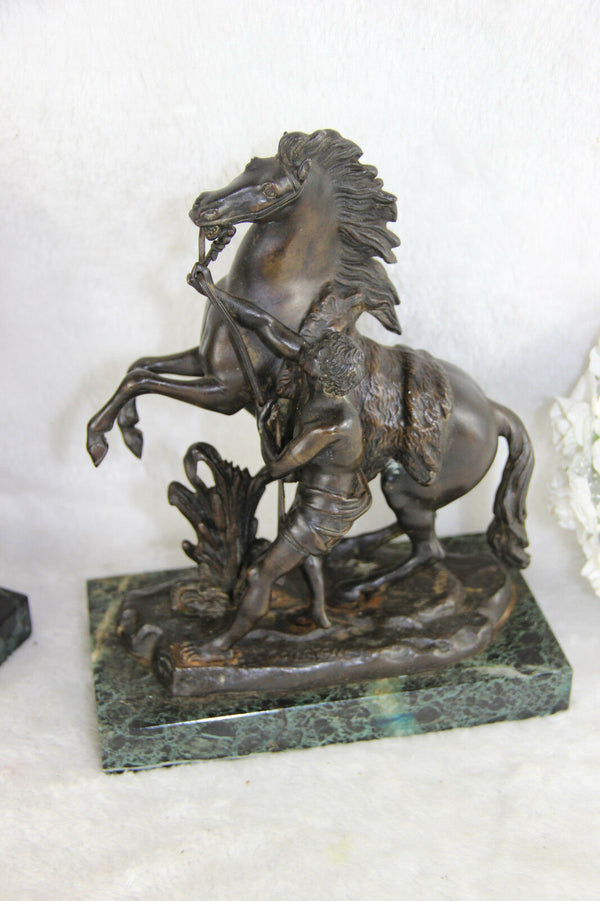PAIR patinated bronze antique Marly horses marble base signed coustou