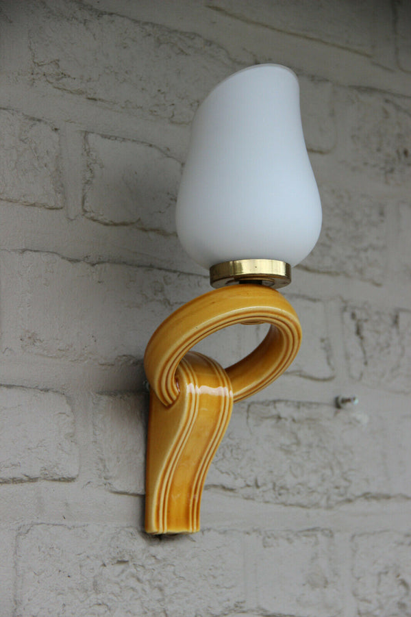 Set 3 Retro Ceramic yellow 1950s opaline glass  wall lights sconces VALLAURIS