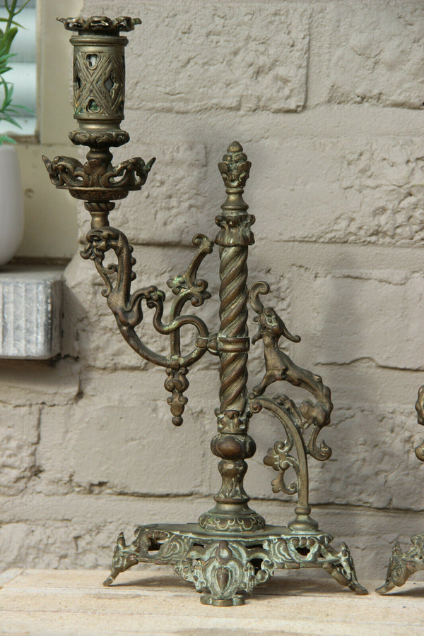 PAIR antique French bronze castle dragon rare candle holder neo gothic