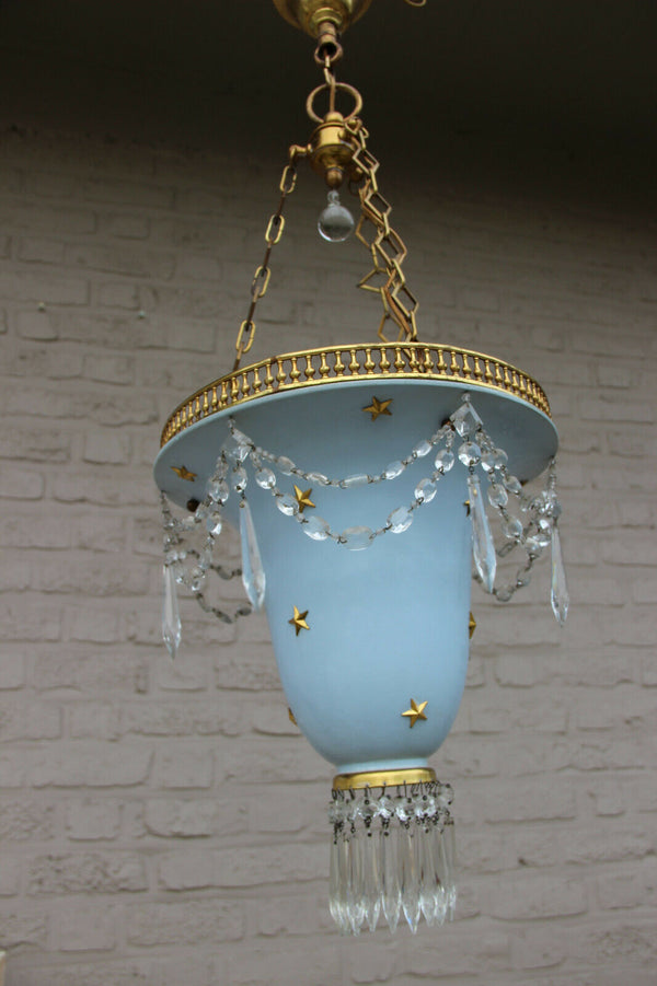 Vintage French 1980 pendant lantern chandelier  stars pendant glass drops