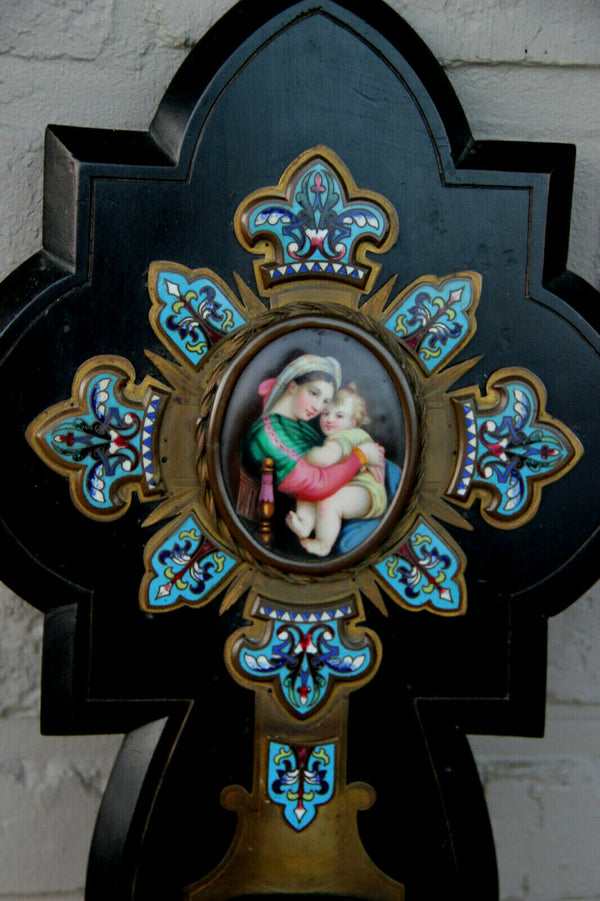 Antique XL Napoleon III holy water font enamel cloisonne porcelain madonna