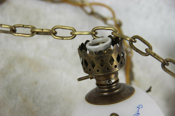 French vintage bronze Dragon gothic 3 arms chandelier opaline glass ball 1950