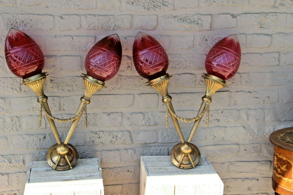 PAIR Bronze Louis XVI Wall lights sconces Baccarat crystal flame toch glass rare