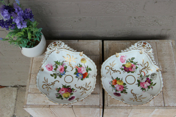PAIR antique vieux paris old porcelain floral hand paint OYSTER plates