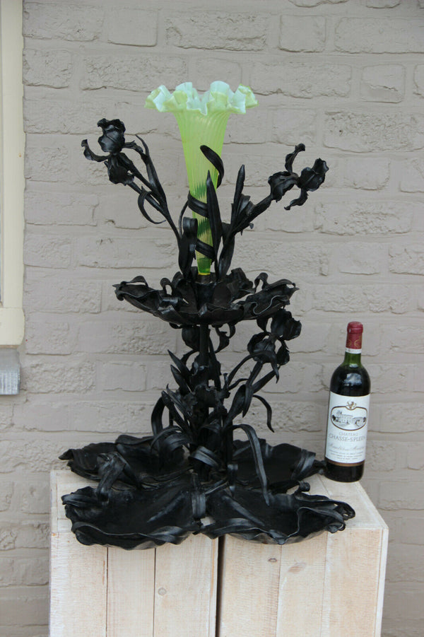 Huge Art nouveau Wrought iron Centerpiece table vase uranium glass Van Boeckel