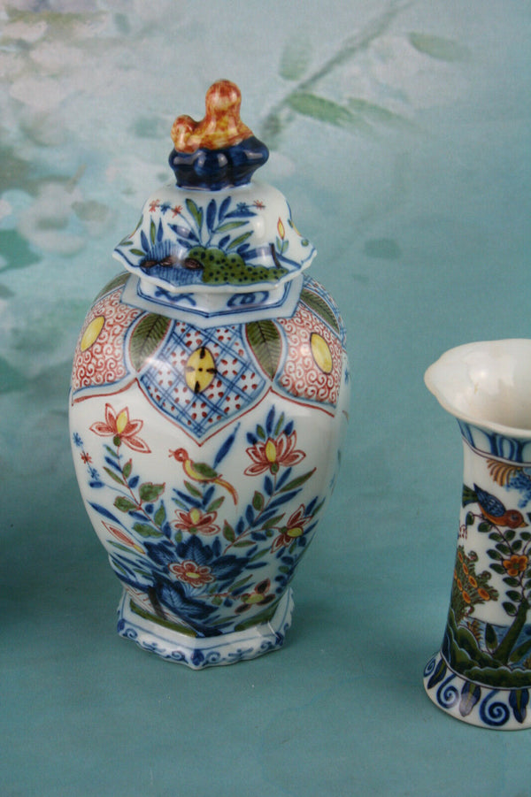 MAKKUM TICHELAAR Delft Pottery Polychrome Garniture set of vases