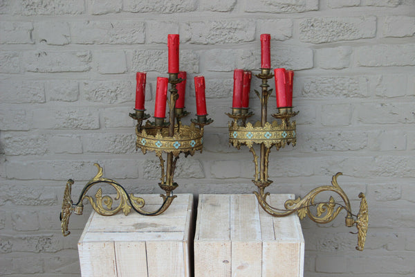 RARE PAIR French antique bronze church religious Wall lights sconces neo gothic