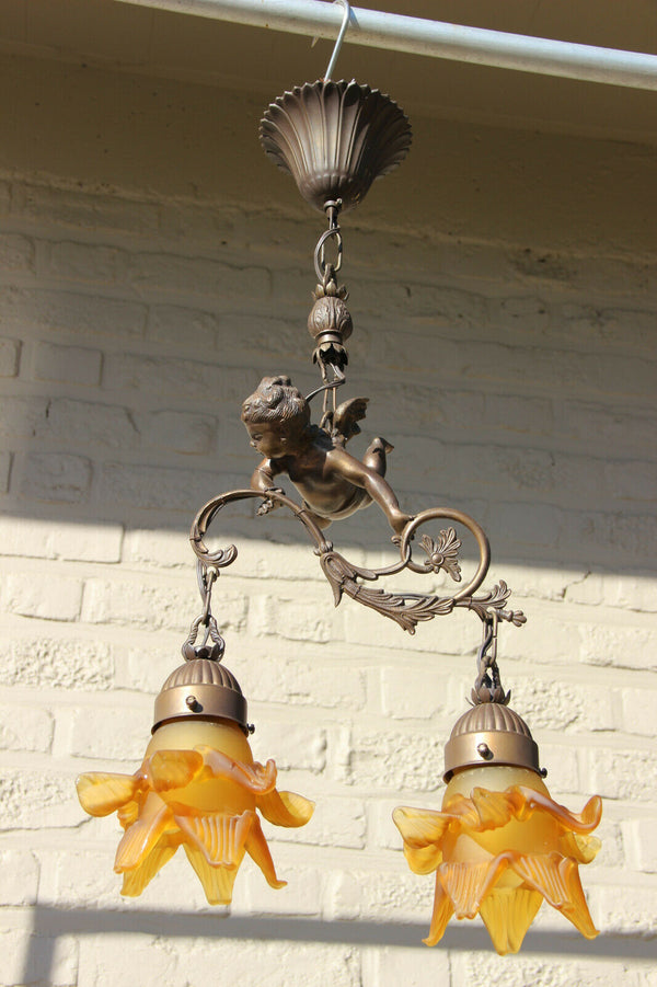 French Bronze putti angel pendant chandelier 2 arms amber glass tulip shades