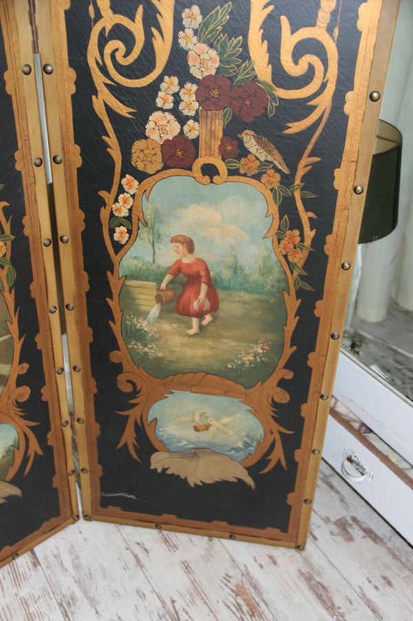 Antique XL French folk art 4 season putti animal Childs hand paint Room screen